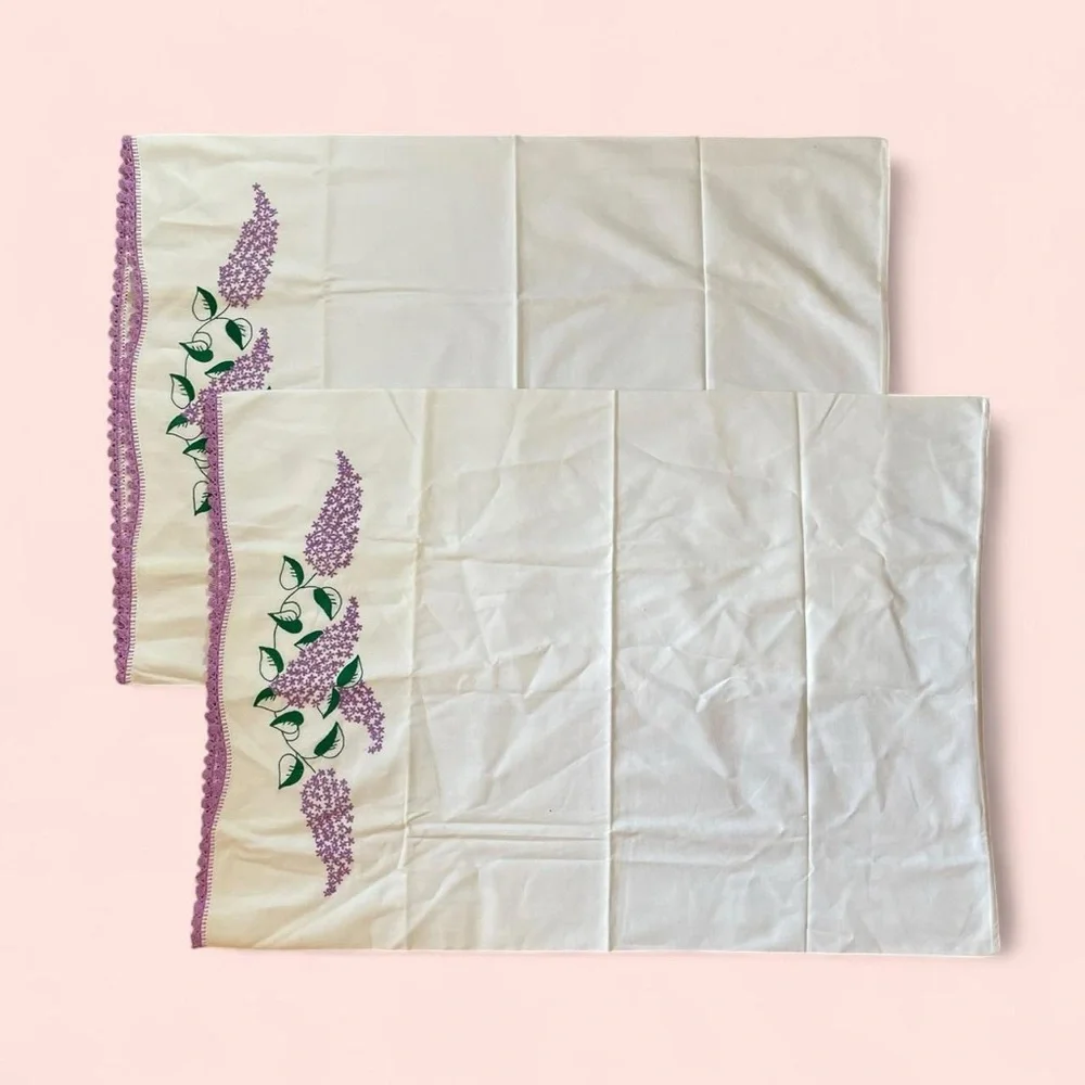 Hand Embroidered Cottagecore Floral Lace Trim Pillowcase Set